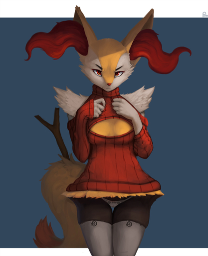 anthro braixen breasts camel_toe canid canine cleavage cleavage_cutout clothed clothing digital_media_(artwork) digital_painting_(artwork) female fur grey_background hand_on_chest hi_res inner_ear_fluff keyhole_turtleneck legwear mammal nintendo orange_eyes panties photonoko pokemon pokemon_(species) red_body red_fur ribbed_clothing ribbed_sweater signature simple_background solo stick stockings sweater thigh_highs topwear tuft turtleneck underwear video_games white_background white_body white_clothing white_fur white_legwear white_panties white_stockings yellow_body yellow_fur // 1280x1570 // 222.7KB