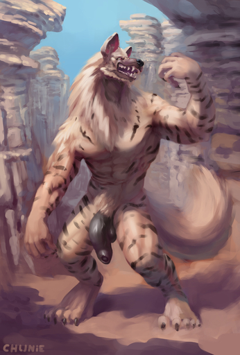 2016 abs anthro balls biceps biped black_nose black_penis chunie claws detailed_background digital_media_(artwork) digitigrade feet foreskin fur genitals gnoll half-erect hi_res humanoid_genitalia humanoid_penis hyaenid male mammal muscular muscular_anthro muscular_male nude open_mouth outside partially_retracted_foreskin pecs penis solo standing striped_hyena stripes teeth toes tongue // 866x1280 // 478.5KB