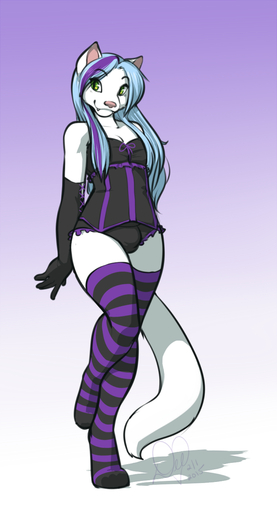 2015 anthro blue_hair bulge clothed clothing corset crossdressing digital_media_(artwork) domestic_cat fangs felid feline felis fur girly green_eyes hair kittydee legwear lingerie male mammal pattern_clothing pattern_legwear purple_hair solo stockings striped_clothing striped_legwear stripes topwear white_body white_fur wide_hips // 609x1125 // 313KB