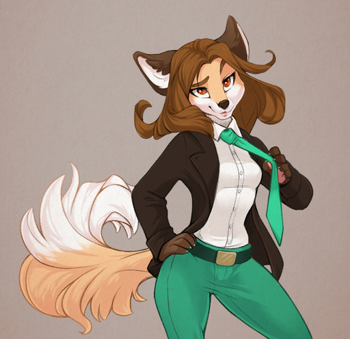 anthro breasts brown_body brown_fur brown_hair canid canine clothed clothing digital_media_(artwork) female fox fur hair iskra mammal multicolored_body multicolored_fur necktie red_eyes shaded simple_background smile solo tan_body tan_fur white_body white_fur // 960x930 // 780KB