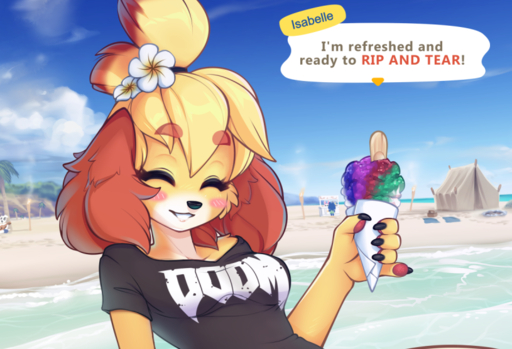 accessory animal_crossing anthro beach blonde_hair blush blush_stickers breasts canid canine canis claws clothed clothing cloud daww dessert dialogue domestic_dog doom_(series) english_text eyebrow_through_hair eyebrows eyes_closed female flower flower_in_hair fluff-kevlar food fur hair hair_accessory id_software isabelle_(animal_crossing) mammal nintendo outside pawpads plant seaside sequence shih_tzu shirt snow_cone solo text text_on_clothing text_on_shirt text_on_topwear topwear toy_dog translucent translucent_hair video_games yellow_body yellow_fur // 815x556 // 514.0KB