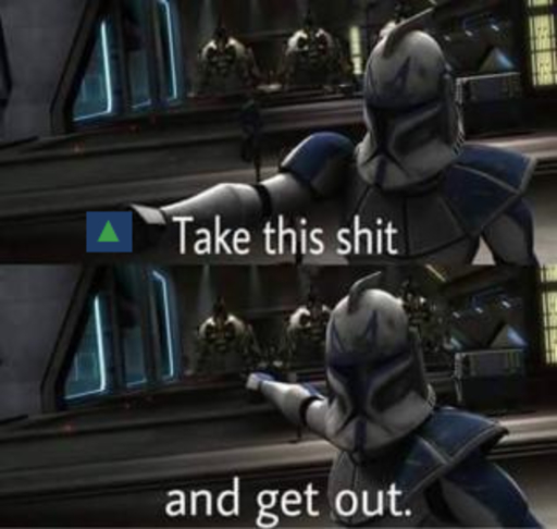 clone clone_trooper english_text human humanoid humor humor_i_guess low_res male mammal meme not_furry profanity solo take_this_shit_and_get_out_meme text // 316x300 // 168.8KB