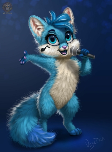 anthro blue_body blue_eyes blue_fur canid canine chibi female fluffy fluffy_tail fox fur hi_res looking_at_viewer mammal melody_forte microphone open_mouth singing solo vestina // 1300x1760 // 167.8KB