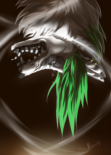 2014 bodily_fluids brown_background feral fur green_hair grey_nose hair hauringu hi_res open_mouth pale_eyes simple_background solo tears teeth tongue white_body white_fur // 1000x1400 // 949.2KB