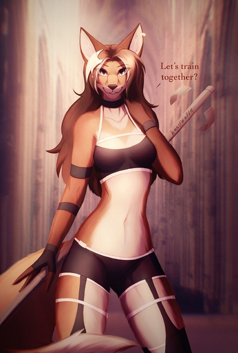 2022 absurd_res accessory anthro athletic athletic_female belt breasts canid canine clothing dialogue ear_piercing english_text female fingerless_gloves fox fur gloves hair_accessory handwear hi_res inside kunstwaffe legwear looking_at_viewer mammal melee_weapon navel piercing polearm slim smile solo spear text thick_thighs weapon // 1700x2513 // 1.2MB