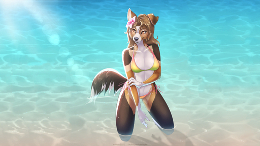 16:9 2021 5_fingers anthro beach bikini breasts canid canine canis clothed clothing collie day detailed_background digital_media_(artwork) domestic_dog eyebrows eyelashes female fingers hair herding_dog hi_res mammal outside pastoral_dog sand seaside sheepdog shoreline smile solo swimwear water widescreen wyla // 1920x1080 // 1.5MB