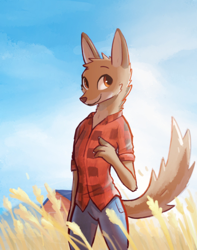 2020 anthro barn bottomwear brown_body brown_eyes brown_fur canid canine canis cheek_tuft clothed clothing cloud coyote daxy_(adaxyn) detailed_background enginetrap facial_tuft fully_clothed fur head_tuft hi_res male mammal outside pants shirt sky smile solo standing topwear tuft wheat // 1500x1901 // 2.7MB