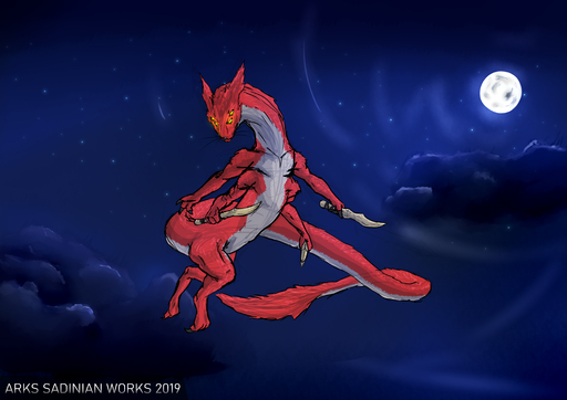 4_arms absurd_res ambiguous_gender anthro anthrofied arks_sadinian claws detailed_background digitigrade dragon flying fur glowing hi_res holding_object holding_weapon knife looking_at_viewer mammal melee_weapon multi_arm multi_limb mustelid nude outside sky solo taegu_(species) weapon // 4678x3307 // 9.7MB