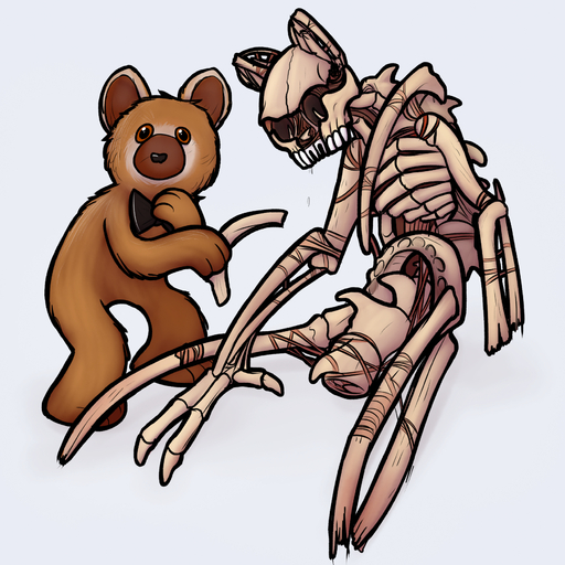 1:1 animate_inanimate black_bow_tie bone bow_tie brown_body brown_eyes brown_fur clothing fur hi_res holding_bone holding_object humanoid keadonger living_plushie looking_at_viewer mammal monster plushie scp-1048 scp_foundation simple_background skeleton teddy_bear ursid white_background // 1748x1748 // 2.3MB