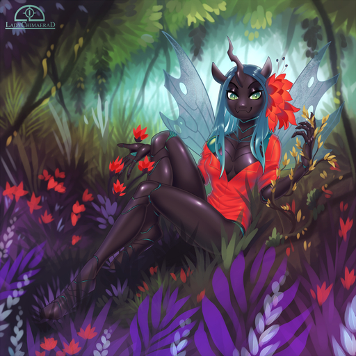 1:1 2019 anthro anthrofied arthropod biped breasts changeling cleavage clothed clothing female flower green_eyes green_hair hair hi_res horn insect_wings ladychimaera ladychimaerad plant pupils queen_chrysalis_(mlp) sitting slit_pupils solo wings // 1500x1500 // 2.0MB