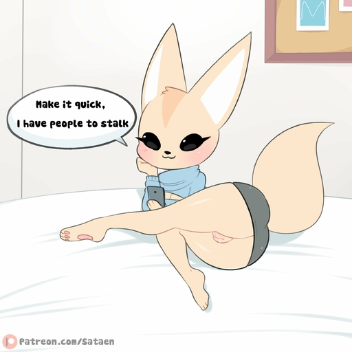 1:1 absurd_res aggressive_retsuko anthro bed blush canid canine clothing english_text female fennec fenneko fox furniture genitals hi_res looking_at_viewer lying lying_on_bed mammal on_bed phone pussy sanrio sataenart smile solo text url vulpes // 2500x2500 // 234.8KB