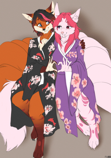 4_toes akaihana anthro asian_clothing barefoot breasts canid canine claws clothing digital_media_(artwork) digitigrade duo east_asian_clothing emmy fangs feet female fox foxboy83 hi_res japanese_clothing kimono mammal toes // 905x1280 // 1.6MB