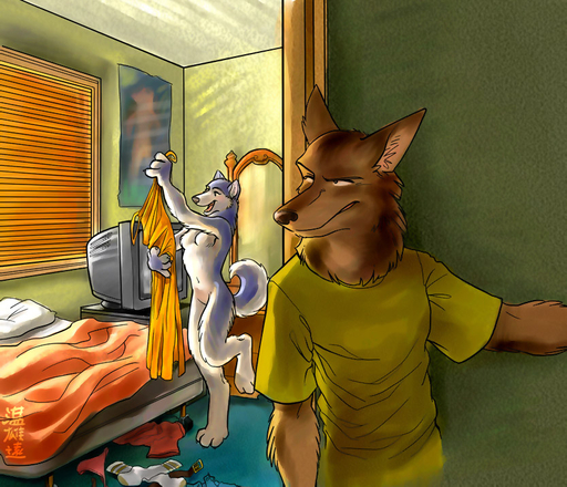 anthro being_watched breasts canid canine canis clothing digital_media_(artwork) domestic_dog dress dressing duo female home_invasion husky imminent_rape inside looking_at_another male mammal neighbor nordic_sled_dog nude spitz stalking zaush // 834x716 // 201.5KB
