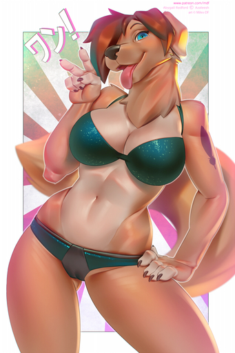 2016 anthro big_breasts blue_eyes bra breasts camel_toe canid canine canis claws cleavage clothed clothing domestic_dog female gesture hair looking_at_viewer mammal miles_df panties solo tattoo underwear v_sign // 633x950 // 505KB