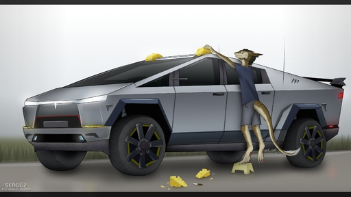 16:9 2019 absurd_res anthro bottomwear car cheese clothed clothing cybertruck dairy_products food fully_clothed furniture grass hi_res knife landscape male outside overcast plant road sergal sergal_gustaf7 serguz shirt shorts sky solo stool t-shirt tesla_(brand) topwear vehicle widescreen // 5840x3285 // 5.1MB