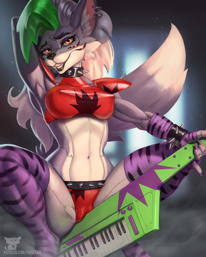 2022 4:5 amber_eyes animatronic anthro bracelet breasts camel_toe canid canine canis claws clothing collar crouching digital_media_(artwork) ear_piercing ear_ring eyebrows female fingers green_hair hacatiko hair hi_res holding_object inner_ear_fluff jewelry keyboard_instrument leggings legwear long_hair looking_at_viewer machine makeup mammal musical_instrument navel piercing robot roxanne_wolf_(fnaf) solo spiked_bracelet spiked_collar spikes spread_legs spreading stockings text thigh_highs tuft url video_games white_hair wolf // 1120x1400 // 483.8KB