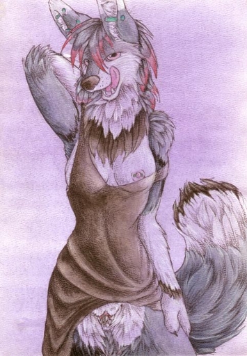 anthro breasts canid canine clothed clothing dress ear_piercing female genitals hair industrial_piercing licking licking_lips looking_at_viewer mammal nipple_piercing nipple_slip nipples off_shoulder piercing pussy ruaidri self_lick solo syandene tongue tongue_out // 483x696 // 81.5KB