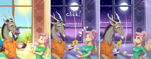 2018 anthro anthrofied bat_wings chimera comic container cup dialogue discord_(mlp) draconequus duo english_text equid equine fangs female flutterbat_(mlp) fluttershy_(mlp) full_moon hi_res horse ladychimaera male mammal membrane_(anatomy) membranous_wings moon pegasus red_eyes sun tea_cup text wings // 2250x878 // 1.5MB