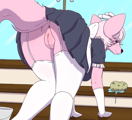 antlers anus artmarshmallow bent_over canid canine cervid cleaning cleaning_tool clothed clothing female fox freckles garter_belt garter_straps genitals hi_res horn hybrid legwear looking_at_viewer looking_back looking_back_at_viewer maid_uniform mammal marshmallow_fluff_(character) no_underwear pussy solo stockings uniform upskirt // 2200x2000 // 2.1MB