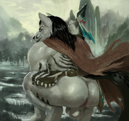 animal_genitalia anthro anus arterian_(character) backsack balls blue_eyes butt canid canine canis cape clothing crouching fur genitals hi_res killioma looking_back male mammal mostly_nude outside penis sheath solo white_body white_fur wolf // 1750x1649 // 3.4MB