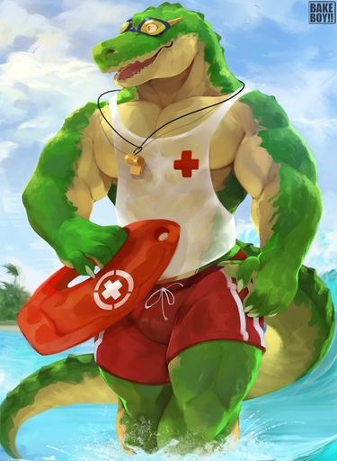 2021 anthro bakemonoy bottomwear claws clothed clothing countershading crocodilian detailed_background eyewear goggles green_body hi_res lifeguard male muscular renekton reptile scalie shirt shorts solo standing topwear video_games water whistle // 1000x1366 // 182.1KB