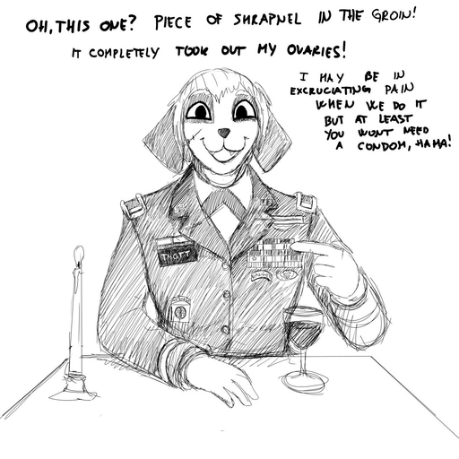 1:1 2019 anthro beverage canid canine canis clothed clothing dating_sim dialogue domestic_dog english_text female hi_res hladilnik humor looking_at_viewer mammal military monochrome open_mouth samantha_thott scar smile solo sound_effects text uniform // 1280x1280 // 232.1KB