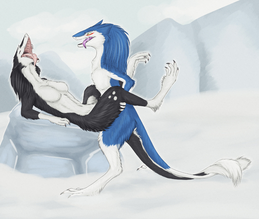 anthro breasts butt duo eyes_closed female forked_tongue hi_res looking_pleasured lying male malefemale mammal markus_(dowantanaccount) murchetta nude on_back open_mouth outside sergal sex sidgi sky snow table_lotus_position tongue // 1843x1559 // 1.3MB