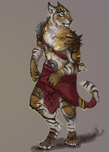 2015 anthro armor biped clothed clothing conditional_dnp felid fur green_eyes male mammal oouna pantherine simple_background solo standing stripes tail_wraps tiger topless whiskers wraps yrvel_(uchoa) // 647x900 // 273.0KB
