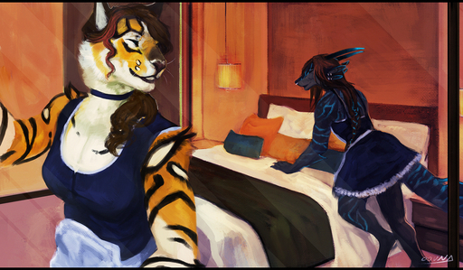 2016 4_ears andy_(korozjin) anthro bed bed_covers bedding bedroom black_body black_fur black_horn black_nose black_scales black_stripes black_tail blue_body blue_horn blue_scales blue_stripes blue_tail bottomwear brown_hair clothed clothing conditional_dnp detailed_background digital_media_(artwork) digital_painting_(artwork) digitigrade dragon duo ear_piercing eyes_closed facial_piercing felid female fur furniture hair hervy_(uchoa) horn inside lamp leaning leaning_forward letterbox long_hair maid_uniform mammal multi_ear multicolored_body multicolored_fur multicolored_horn nightstand nose_piercing oouna orange_body orange_fur pantherine perspective piercing pillow scales scalie signature skirt smile standing striped_body striped_fur striped_scales striped_tail stripes tiger two_tone_horn two_tone_tail uniform whiskers white_body white_fur // 1500x875 // 1.3MB