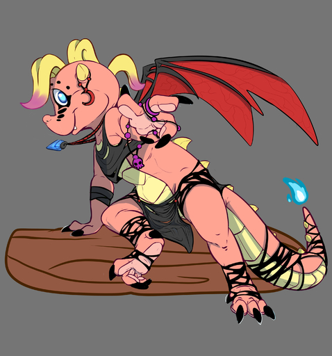 absurd_res anthro bottomwear cassie_(dragon_tales) claws clothing costume dragon dragon_tales halloween hi_res holidays loincloth membrane_(anatomy) membranous_wings pendant shirt simple_background solo spread_legs spreading toe_claws topwear torinsangel wings // 2800x3000 // 1.7MB