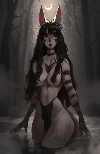 2022 anthro areola athletic athletic_female black_eyeshadow black_hair black_hands black_lips black_markings black_nose bonifasko bonika_(bonifasko) breasts canid canine canis crescent_moon crown_of_thorns curvy_figure detailed_background digital_media_(artwork) eyeshadow facial_markings female forest front_view fur grass hair hair_covering_nipples hair_on_breasts head_markings hi_res hourglass_figure light lips long_ears long_hair makeup mammal markings moon moonlight navel night outside partially_submerged pink_areola plant pupils red_eyes runny_mascara slit_pupils small_waist solo standing_in_water striped_arms thick_bottom_lip thick_thighs tree water white_body white_fur wide_hips wolf // 836x1280 // 386.7KB