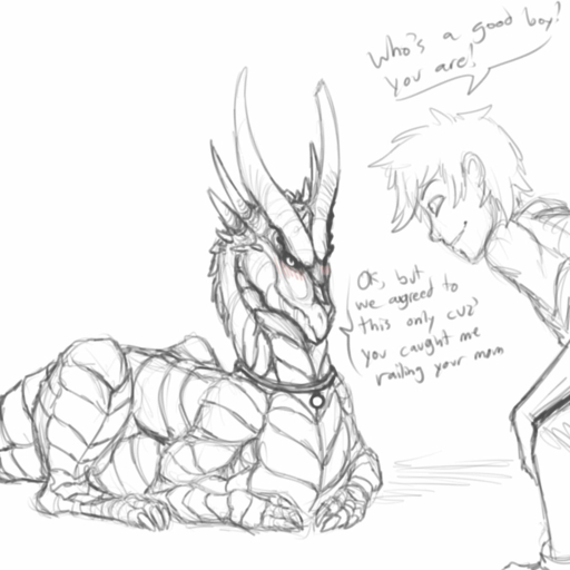 1:1 black_and_white blush collar dialogue dragon english_text feral hair hi_res horn human male mammal monochrome scalie text unknown_artist // 1200x1200 // 560KB