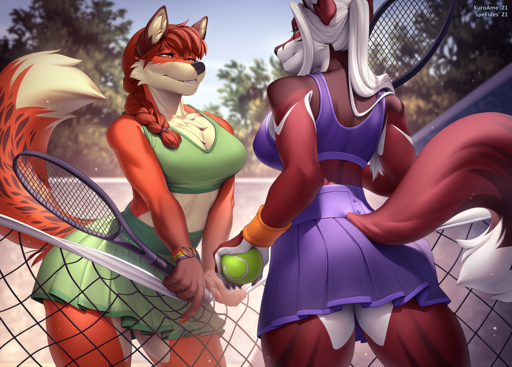 2021 anthro bottomwear braided_hair breasts brown_hair canid canine clothed clothing day detailed_background digital_media_(artwork) duo female fox hair kuroame mammal midriff outside skirt sky smile spefides white_hair // 1255x900 // 1.6MB