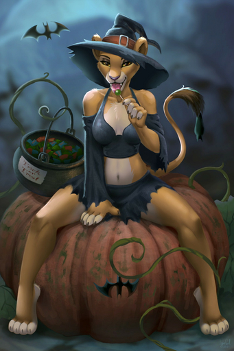 2021 anthro anthrofied bottomwear breasts candy chiropteran claws clothed clothing dessert digital_media_(artwork) fangs felid female food fur hat headgear headwear hi_res holidays kiara licking lion lollipop magic_user mammal pantherine reallynxgirl skirt solo tongue tongue_out topwear witch witch_hat // 853x1280 // 198.6KB