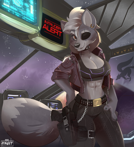 2022 anthro belt bottomwear breasts canid canine canis chain cleavage clothed clothing crossgender ear_piercing ear_ring eye_patch eyewear female fur gun hi_res hinget inside mammal mtf_crossgender pants piercing ranged_weapon ring_piercing solo space star video_games weapon wolf wolf_o'donnell // 2000x2180 // 961.7KB