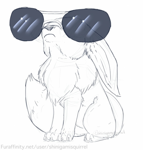 2015 ambiguous_gender black_and_white canid canine digital_media_(artwork) eevee eyewear feral fur hi_res humor mammal monochrome pokemon_(species) shinigamisquirrel simple_background sitting sketch smug solo sunglasses swag video_games white_background // 1223x1280 // 157.2KB