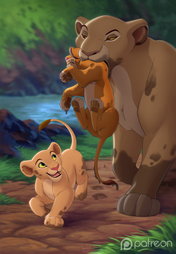 2021 blue_eyes carrying cub detailed_background dirty eyebrows felid female feral fur group hi_res lion male mammal mud nala nude open_mouth orange_body orange_fur outside pantherine pawpads paws quadruped reallynxgirl sarabi simba tongue trio walking whiskers yellow_sclera young // 832x1200 // 539.0KB