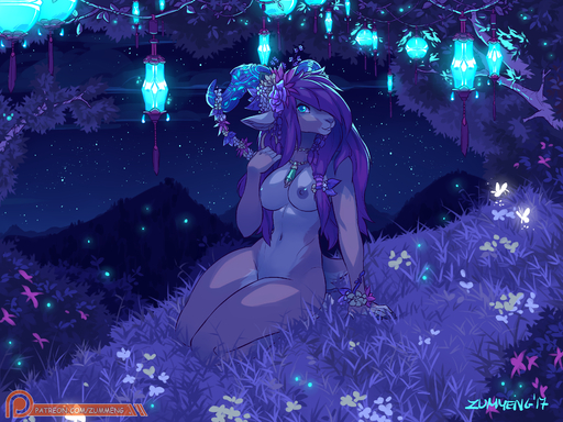 2017 4:3 absurd_res anthro blue_eyes bovid breasts caprine casual_nudity detailed_background featureless_crotch female goat grass hair hi_res mammal night nipples nude outside plant purple_hair sky solo star starry_sky zummeng // 3500x2625 // 5.6MB