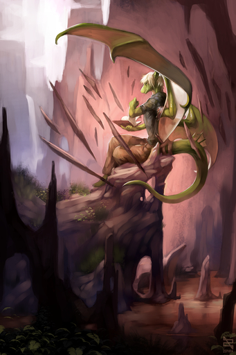 2019 anthro day detailed_background digital_media_(artwork) dragon green_body green_skin hair hi_res horn male membrane_(anatomy) membranous_wings outside scalie sky solo western_dragon white_hair wings zephra // 853x1280 // 1.2MB