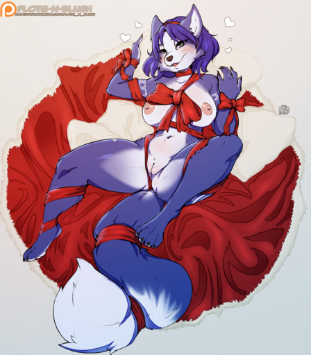 2019 4_toes absurd_res anthro avante92 barefoot biped blue_body blue_fur blue_hair blush breasts canid canine claws digital_media_(artwork) dipstick_tail feet female fox fur genitals gift_wrapped hair hi_res krystal looking_at_viewer mammal markings multicolored_tail nipples peach_pussy pussy ribbons signature solo tail_markings text toes tribal tribal_markings url video_games // 2200x2517 // 3.0MB