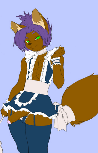 anthro bottomless canid canine cleaning_tool clothed clothing crossdressing doxy erection feather_duster foreskin fox genitals girly green_eyes humanoid_genitalia humanoid_penis maid_uniform male mammal midriff partially_retracted_foreskin penis piercing poking_out solo uncut uniform // 702x1100 // 248.4KB