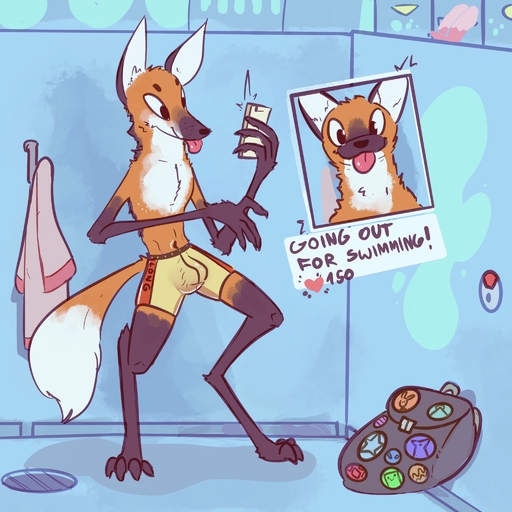 1:1 2020 anthro backpack biped blep bulge canid canine clothed clothing detailed_background detailed_bulge digitigrade dipstick_tail fur genital_outline hi_res holding_object holding_phone male mammal maned_wolf markings orange_body orange_fur penis_outline phone selfie solo standing swimwear tail_markings the_xing1 tongue tongue_out topless white_body white_fur // 2048x2048 // 358.9KB