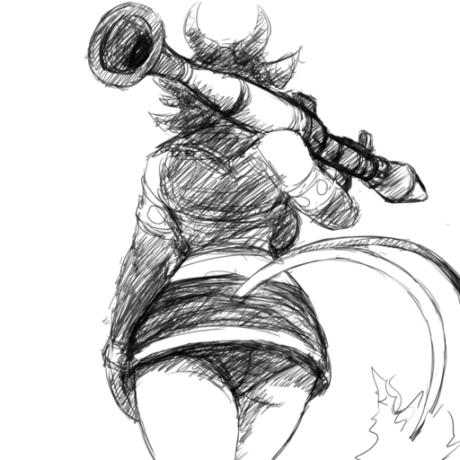 1:1 2_tails anthro armwear bare_shoulders black_and_white bottomwear bovid breasts butt caprine caprine_demon clothed clothing crop_top demon elbow_gloves female gloves goat handwear hi_res hladilnik horn low-angle_view mammal midriff monochrome multi_tail panties ranged_weapon rear_view rocket_launcher rpg-7 shay_(hladilnik) shirt side_boob simple_background sketch skirt solo topwear underwear upskirt walking weapon // 1280x1280 // 1.2MB