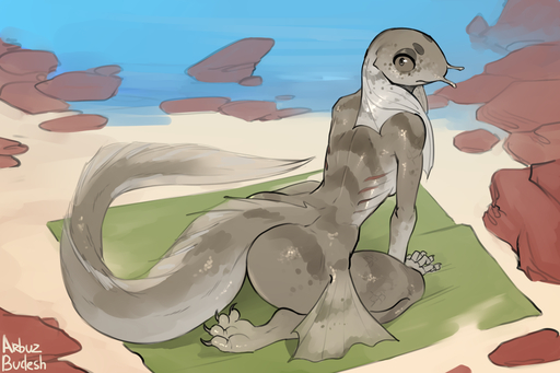 anthro arbuzbudesh beach breasts butt catfish claws feet female fin fish gills grey_body grey_eyes long_tail marine monster_girl_(genre) non-mammal_breasts nude seaside solo toe_claws toes // 1200x799 // 610.8KB