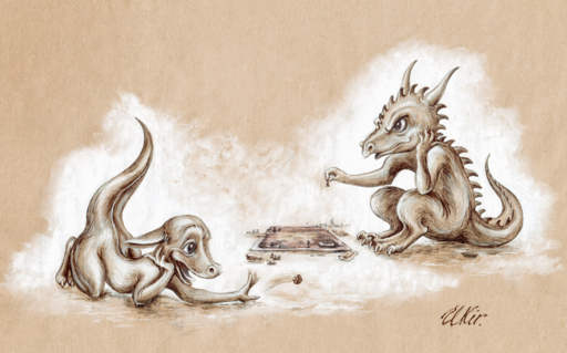 2018 absurd_res dragon duo ellkir_fox hi_res open_mouth sitting tongue traditional_media_(artwork) wingless_dragon // 4095x2553 // 19MB