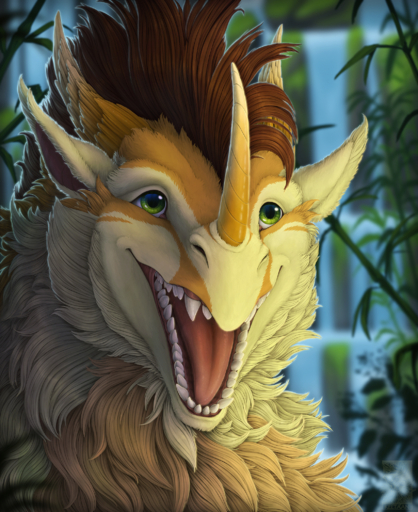 2019 brown_hair day detailed_background dragon fur furred_dragon green_eyes hair hi_res horn keltaan open_mouth outside smile teeth tongue yellow_body yellow_fur // 1698x2080 // 6.2MB