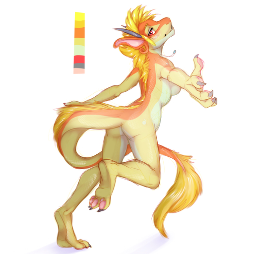 1:1 2013 3_toes 4_toes anthro biped blonde_hair breasts butt claws dancing digital_media_(artwork) digitigrade dragon feet female fivel fur furred_dragon hair hi_res hindpaw horn looking_at_viewer looking_back multicolored_body multicolored_fur non-mammal_breasts nude on_one_leg pawpads paws pose red_eyes scalie short_hair side_boob simple_background soles solo standing tail_tuft toes tuft two_tone_body two_tone_fur white_background // 1280x1280 // 680KB