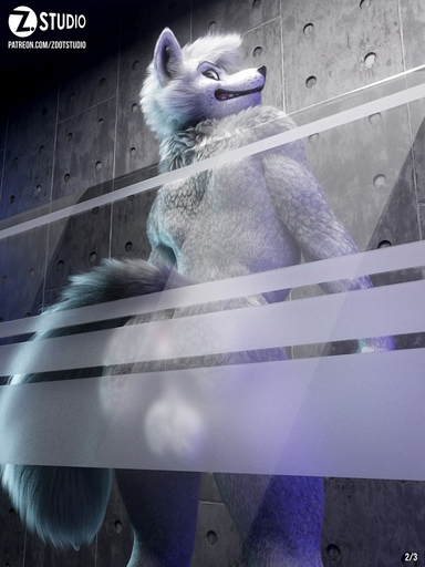 3:4 3d_(artwork) anthro anus balls barely_visible_anus barely_visible_balls barely_visible_genitalia butt canid canine canis censor_bar censored claws detailed detailed_fur digital_media_(artwork) finger_claws fur genitals glass grey_body grey_fur head_tuft hi_res ineffective_censorship looking_back low-angle_view male mammal nude raised_tail rear_view smile solo text tuft url wall_(structure) watermark wolf zorryn // 900x1200 // 622.6KB