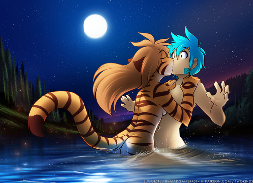 2018 anthro blue_eyes blue_hair blush breasts brown_hair butt casual_nudity conditional_dnp dark detailed_background duo ears_back eyes_closed felid female female_on_human flora_(twokinds) forest fur hair hands_on_shoulders hi_res human human_on_anthro interspecies intimate keidran kissing lake long_hair male malefemale male_on_anthro mammal moon navel night nude orange_body orange_fur outside pantherine partially_submerged pivoted_ears plant romantic_ambiance romantic_couple side_boob skinny_dipping star striped_body striped_fur stripes surprise text tiger tom_fischbach trace_legacy tree twokinds url water webcomic webcomic_character wet white_body white_fur // 1920x1387 // 2.7MB