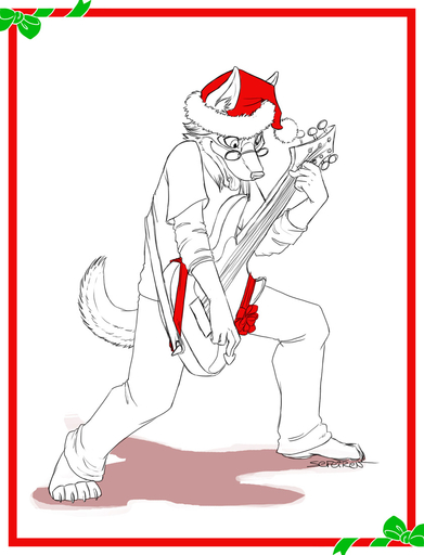 anthro border bottomwear canid canine claws clothed clothing conditional_dnp eyewear furgonomics glasses guitar guitar_pick hat headgear headwear holidays male mammal musical_instrument pants playing_guitar playing_music plucked_string_instrument ribbons sefeiren shadow shirt simple_background solo straps string_instrument tongue topwear white_background white_border // 841x1100 // 202.9KB